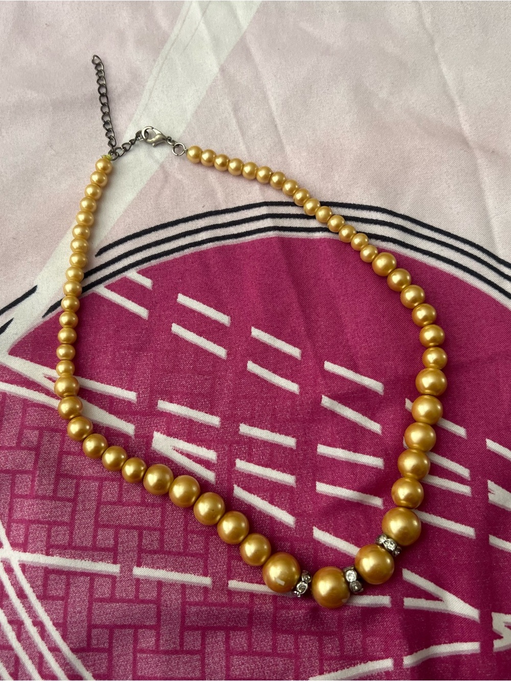 Gold Faux Pearl Bead Necklace with Rhinestone Accents